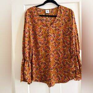 CAbi Mustard Floral V-Neck Blouse with Pink & Black Accents